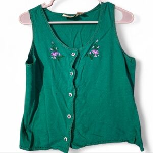 Vintage Victoria’s Secret Green Embroidered Tank Top | Floral Button Front